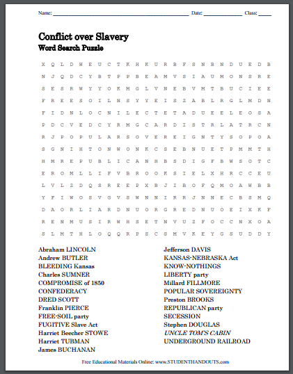 conflict over slavery word search puzzle student handouts