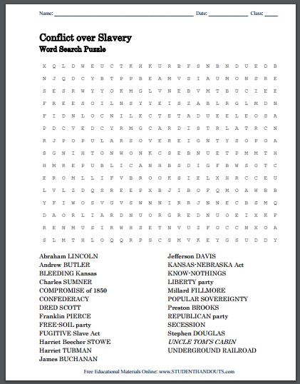 Conflict over Slavery Word Search Puzzle | Student Handouts