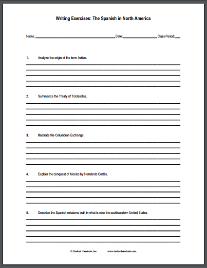 The Spanish in North America - Free printable worksheet of short-answer essay questions.