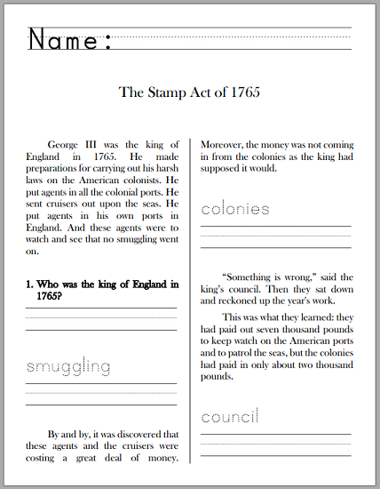 Stamp Act of 1765: History Workbook for Grades 1-3 - Free to print (PDF file).