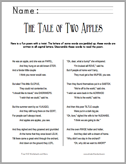 "The Tale of Two Apples" Poetry Unscramble Worksheet - Free to print (PDF file).