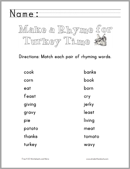 Make a Rhyme for Turkey Time - Free printable worksheet (PDF file).