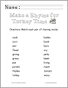 Thanksgiving Rhyming Words Matching Worksheet for Grades K-2