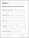 Thanksgiving Terms Print Manuscript Handwriting Practice Worksheet