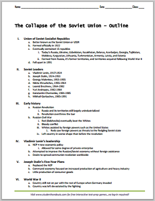 Collapse of the Soviet Union - Free printable outline for high school World History students  (PDF file).