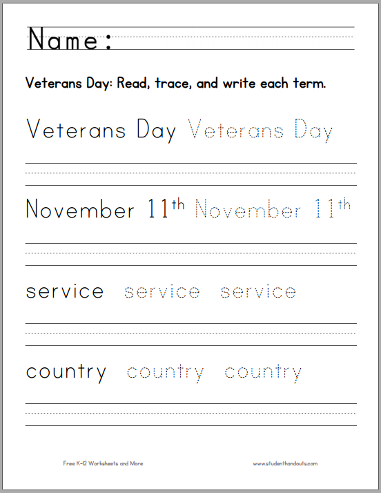 Veterans Day Handwriting Worksheet for K-1 | Student Handouts