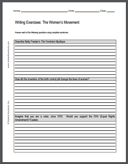 Women's Rights Movement Essay Questions - Sheet of three writing exercises is free to print (PDF file). For high school U.S. History students.