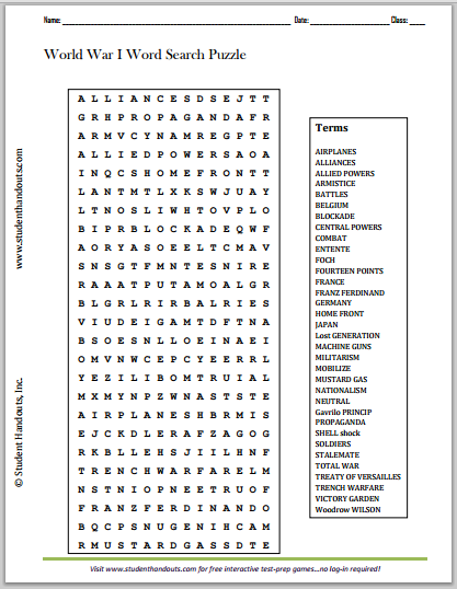 World War I Word Search Puzzle - Free to print (PDF file).