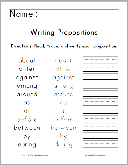 Writing The Top 25 Prepositions Student Handouts