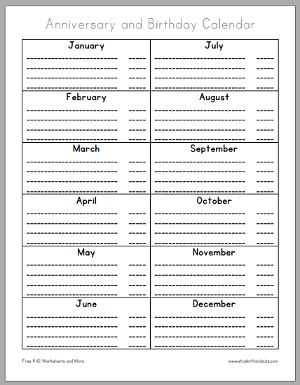 Anniversary and Birthday Calendar - Free to Print | Student Handouts