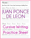 Juan Ponce de León Cursive Script Handwriting and Spelling Practice Sheet