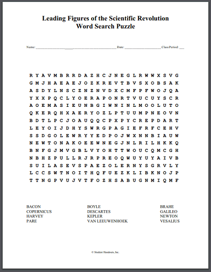 Leading Figures of the Scientific Revolution Word Search Puzzle - Free to print (PDF file) for high school World History students.