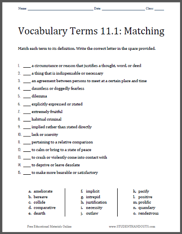 Vocabulary List 11.1 Matching Worksheet - Free to print (PDF file).