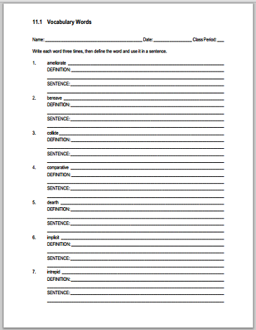 Vocabulary List 11.1 Sentences and Definitions Worksheet - Free to print (PDF) file.