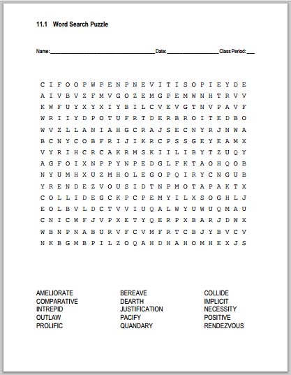 Vocabulary Terms 11.1 Word Search Puzzle | Student Handouts