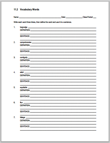 Vocabulary List 11.2 Sentences and Definitions - Worksheet is free to print (PDF file).