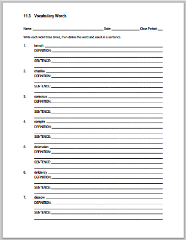 Vocabulary List 11.3 Sentences and Definitions - Worksheet is free to print (PDF file).