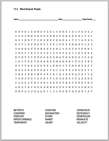 Vocabulary List 11.3 Word Search Puzzle - Free to print (PDF file) for eleventh grade ELA.