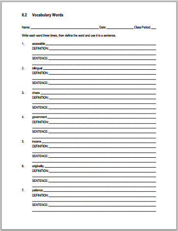 Vocabulary Terms 8.2 Definitions and Sentences - Worksheet is free to print (PDF file).