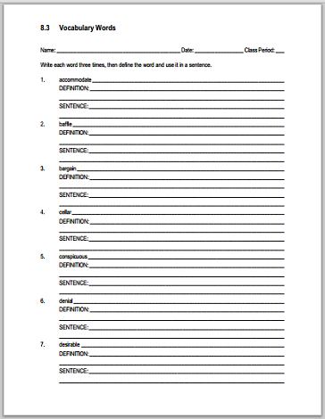 Vocabulary List 8.3 Definitions and Sentences - Worksheet is free to print (PDF file).