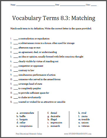Vocabulary Terms 8.3: Matching Worksheet - Free to print (PDF file).