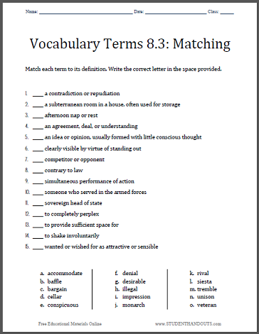 Vocabulary Terms 8.3: Matching Worksheet | Student Handouts