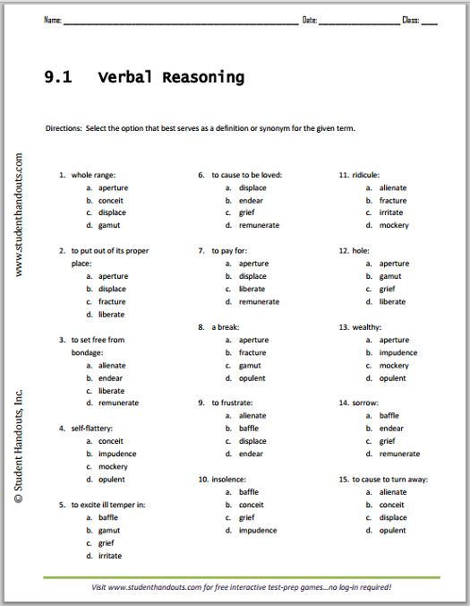 Vocabulary List 9.1 Verbal Reasoning Worksheet - Free to print (PDF file).