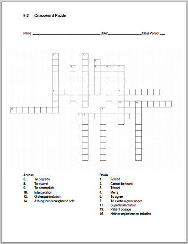 Vocabulary List 9.2 Crossword Puzzle - Free to print (PDF file).
