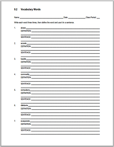 Vocabulary List 9.2 Definitions and Sentences - Handout is free to print (PDF file).