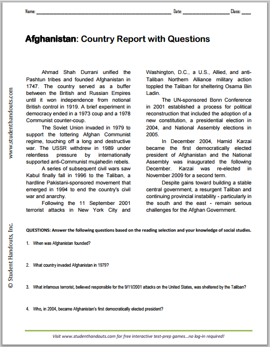 Afghanistan Country Report with Questions - Worksheet is free to print (PDF file).