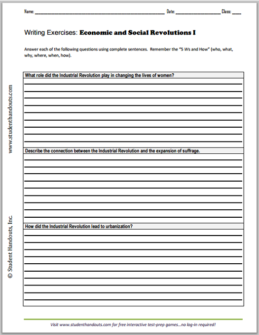 Economic and Social Revolutions Essay Questions - Free printable writing exercises worksheets (PDF files) for high school World History students.