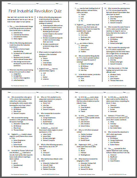 First Industrial Revolution Multiple-Choice Pop Quiz - Free to print (PDF file) for high school World History students.