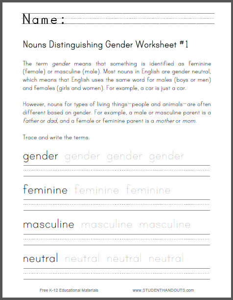 What Are Nouns Distinguishing Gender Worksheet - Free to print (PDF file).