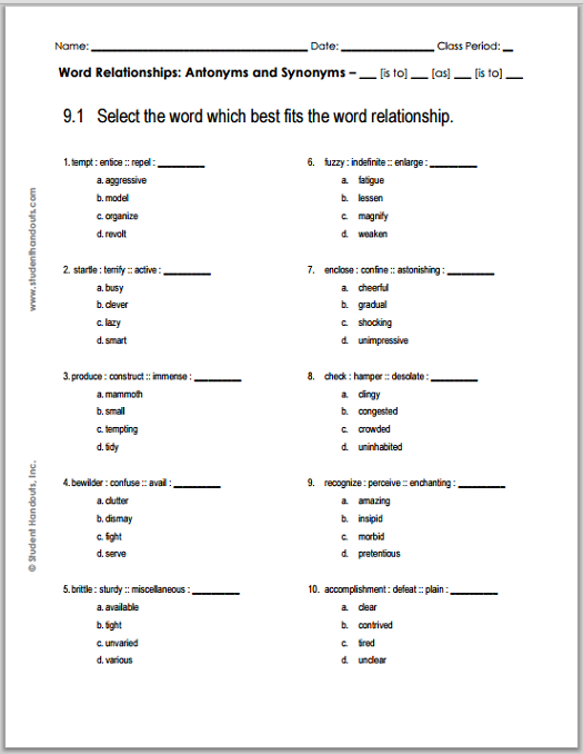 Grade 9 Verbal Reasoning Worksheet #1 - Free to print (PDF file) for high school English Language Arts.