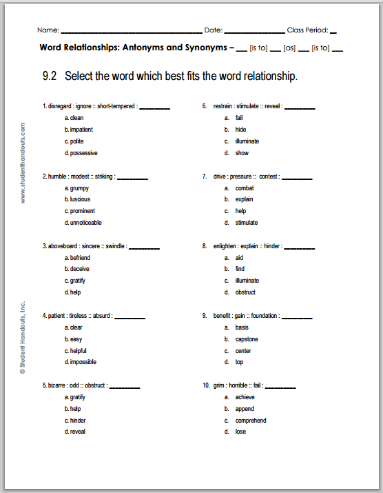 Grade 9 Verbal Reasoning Worksheet #2 - Practice quiz is free to print (PDF file).