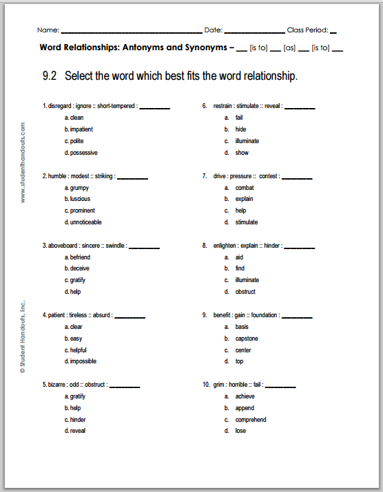 grade 9 verbal reasoning worksheet 2 student handouts