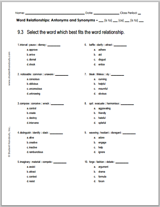 Grade 9 Verbal Reasoning Worksheet #3 - Free to print (PDF file).