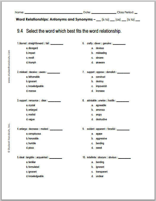 Grade 9 Verbal Reasoning Worksheet #4 - Free to print (PDF file).