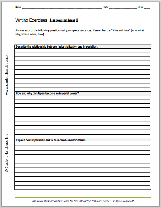 Imperialism Essay Questions - Worksheets are free to print (PDF files) for high school World History students.