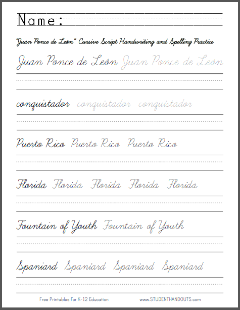 Juan Ponce de Leon Cursive Script Handwriting and Spelling Practice Worksheet - Free to print (PDF file).