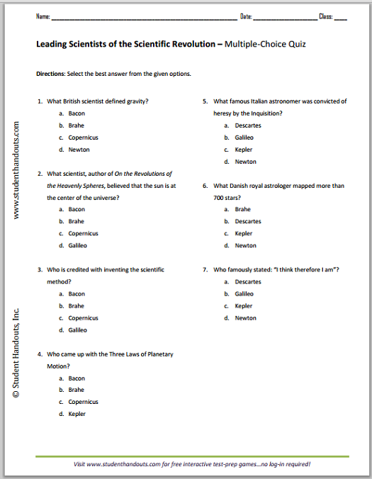 Leading Scientists of the Scientific Revolution Quiz - Pop quiz with seven multiple-choice questions is free to print (PDF file).