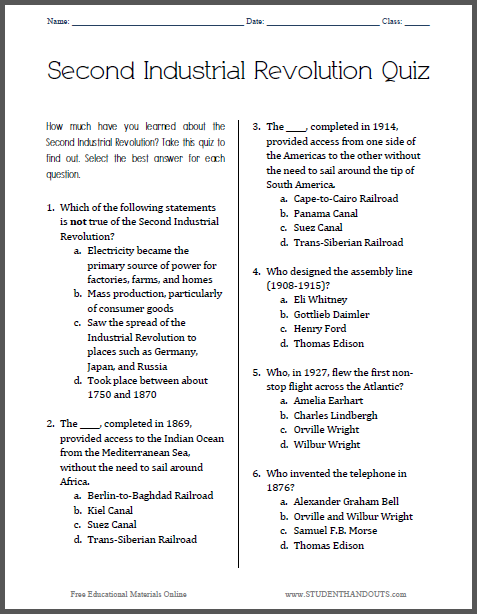 Second Industrial Revolution Printable Pop Quiz - Free to print (PDF file) for high school World History students.