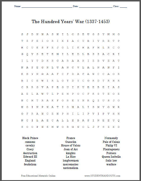 Hundred Years' War Word Search Puzzle - Free to print (PDF file) for high school World History or European History students.