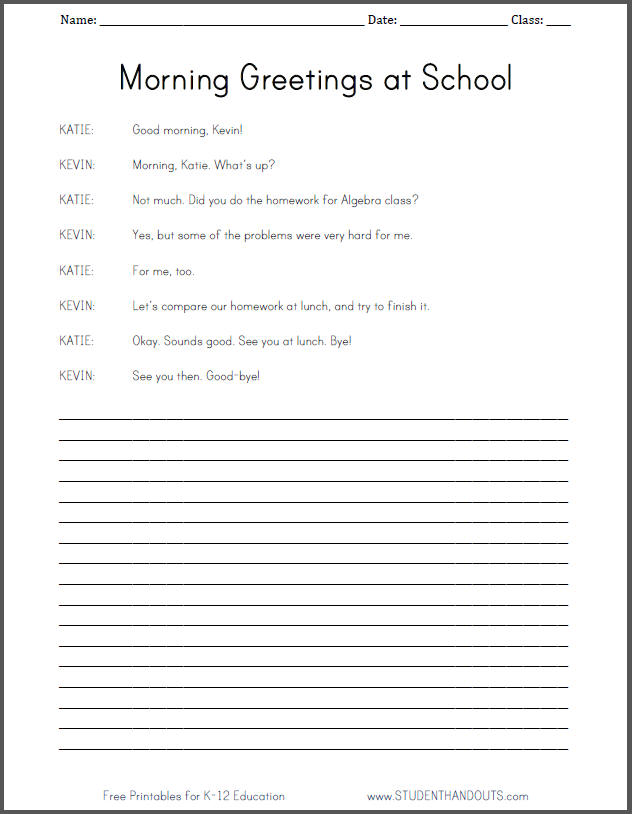 Morning Greeting at School TESOL/ELL/ESL Dialog Worksheet - Free to Print (PDF File)