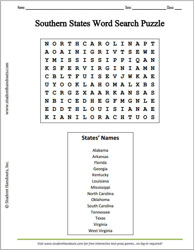 Southern U.S. States Word Search Puzzle Worksheet