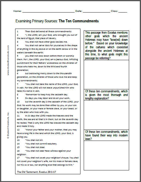 The Ten Commandments DBQ Worksheet - Free to print (PDF file) for high school World History students.