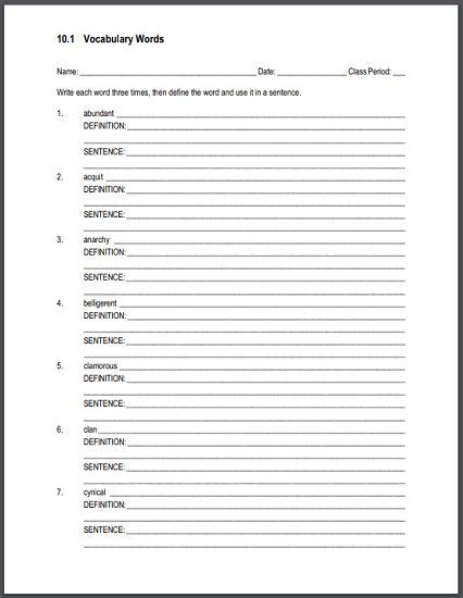 10.1 Terms Sentences and Definitions Worksheet - Free to print (PDF file).