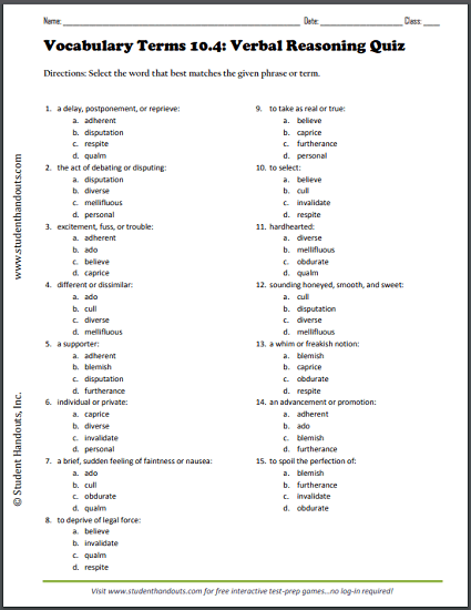 Terms 10.4 Verbal Reasoning Quiz - Vocabulary worksheet is free to print (PDF file).