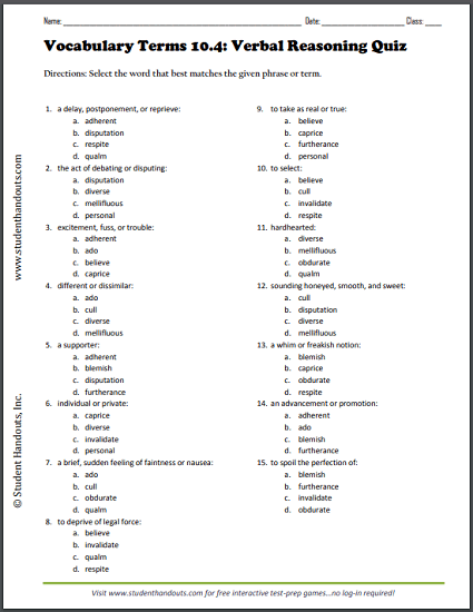 Terms 10.4 Verbal Reasoning Quiz | Student Handouts