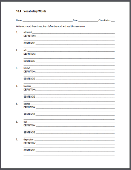 10.4 Terms Sentences and Definitions - Worksheet is free to print (PDF file).